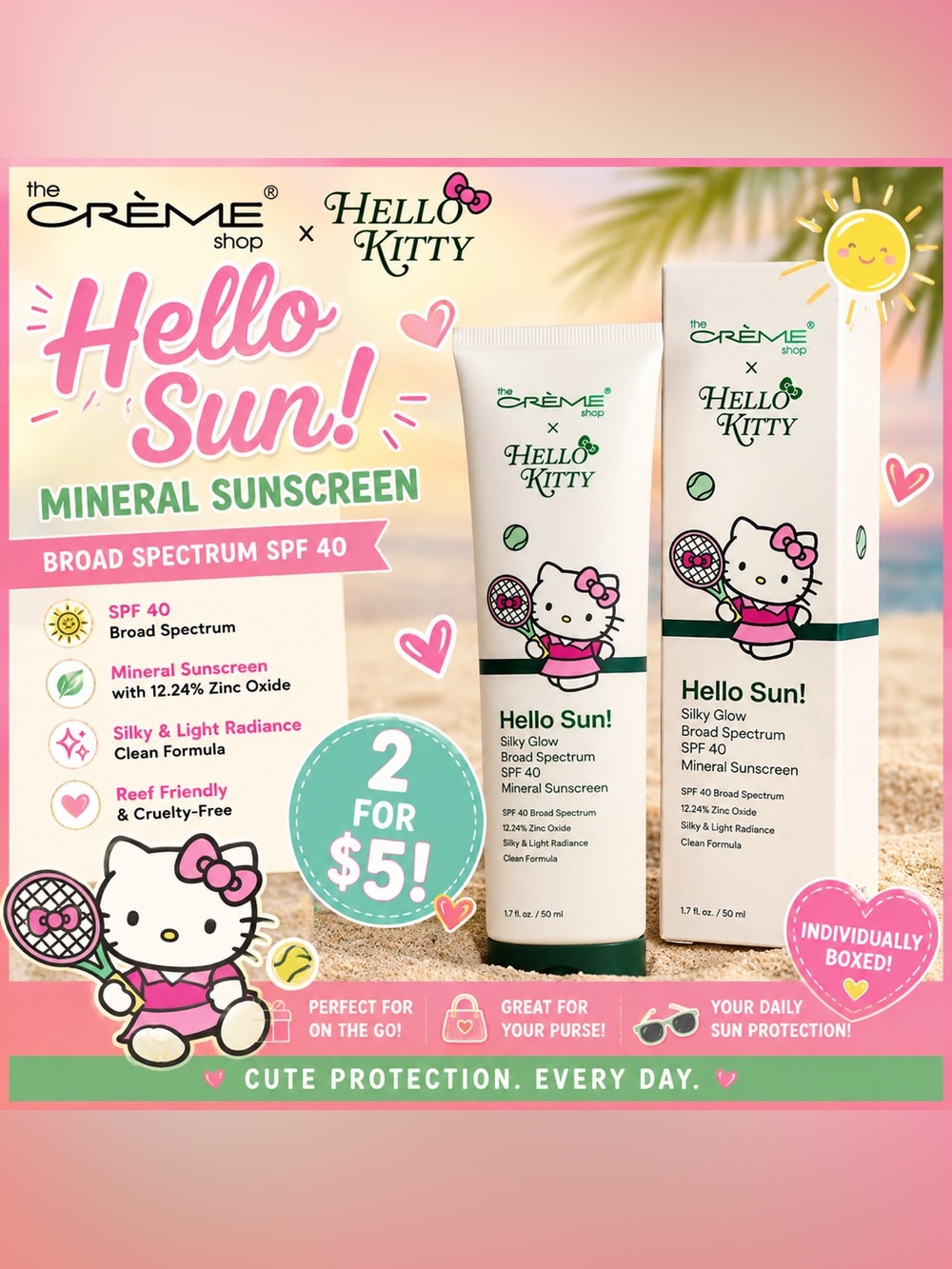 2- Hello Kitty x The Crème Shop Hello Sun! Silky Glow Mineral Sunscreen SPF 40
